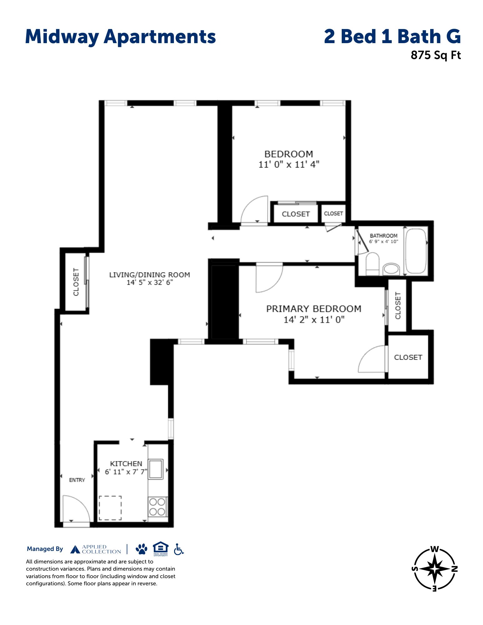 Floor plan for 2 beds, 1 bath, 875 sqft